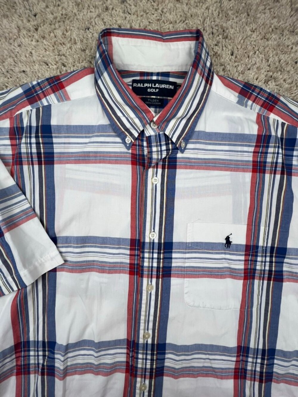 VTG USA Ralph Lauren Golf Stripe Plaid SHORT SLEEVE BUTTON UP SHIRT Large Tilden